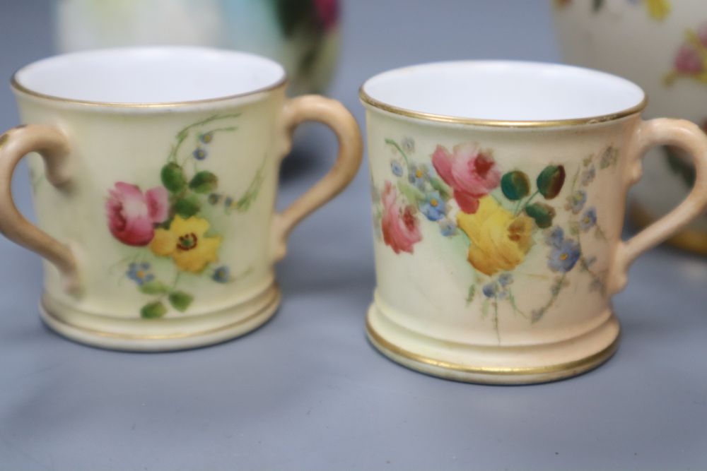 Four small items of Royal Worcester, including a flower-painted vase, No 283, a blush ivory jug, No 1094, a miniature tyg and a mug, ta